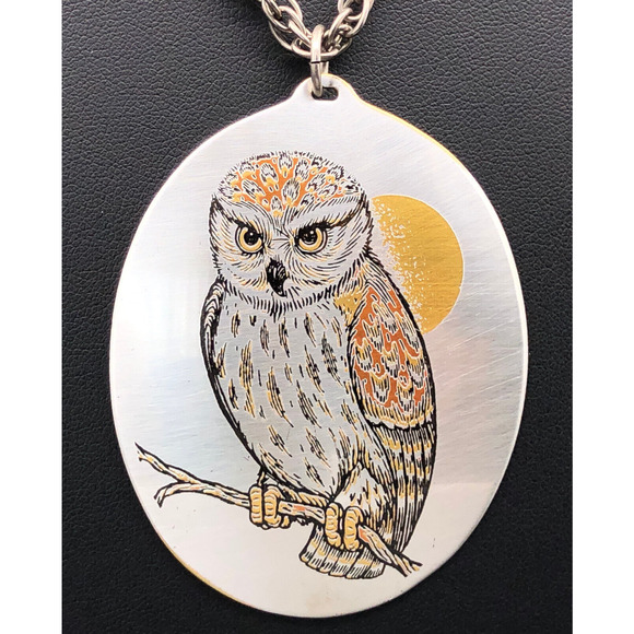 Reed & Barton Jewelry - Reed & Barton Necklace 24" Damascene Owl Moon Etched Metal Silver Tone Pendant